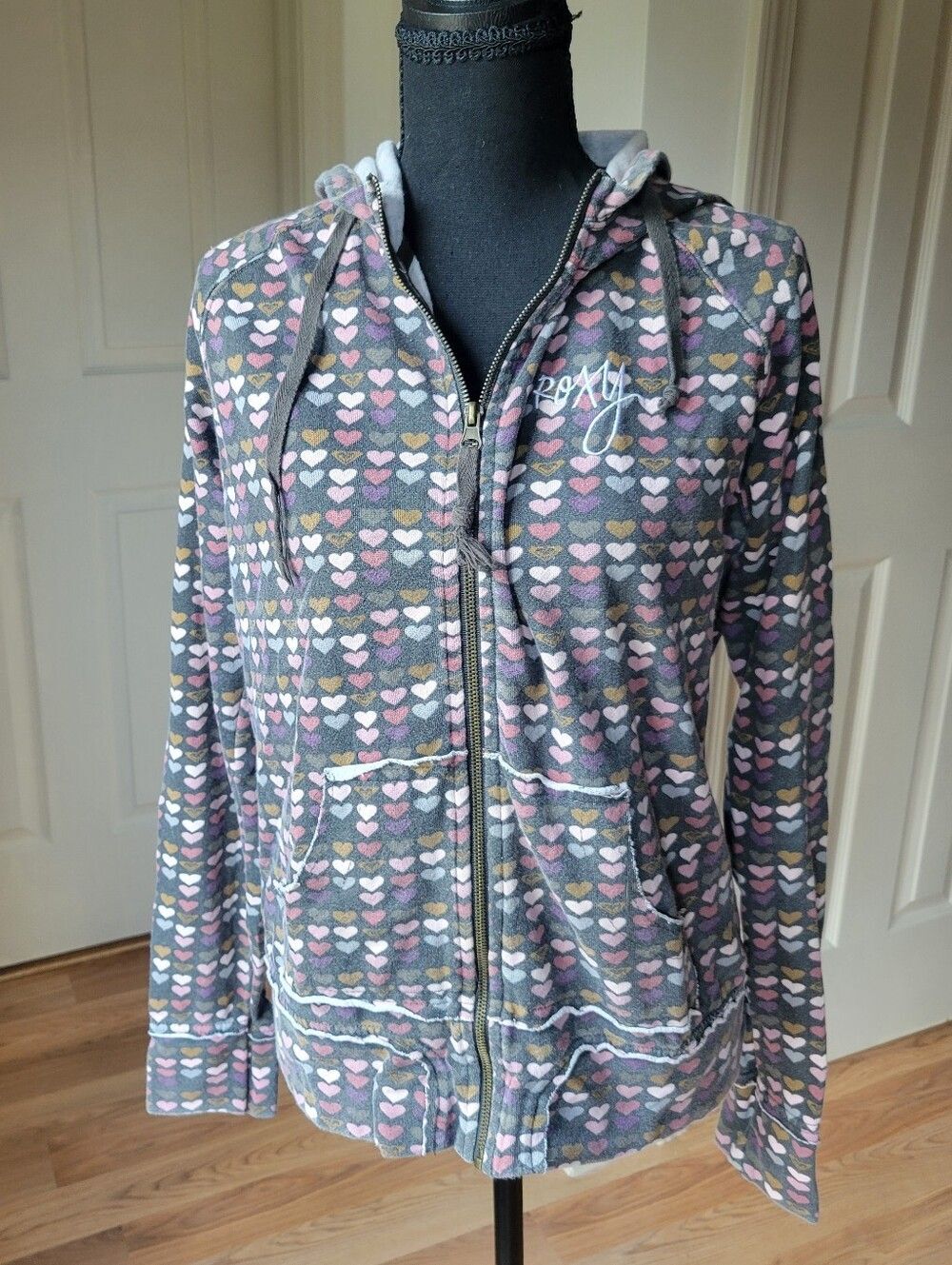 VTG 90s Y2K Roxy All-Over Heart Print Hooded Jacket Grey Multicolor XL